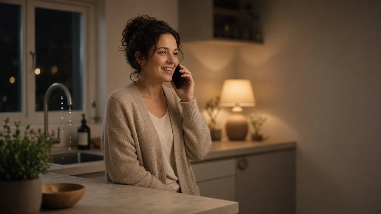 Homeowner smiling on the phone in her kitchen after her repair call gets answered