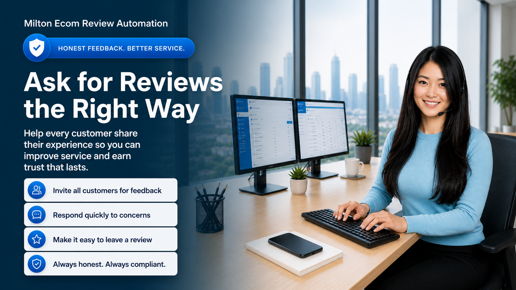 Customer follow-up and honest review automation hero image with Milton Ecom branding in a professional office setting